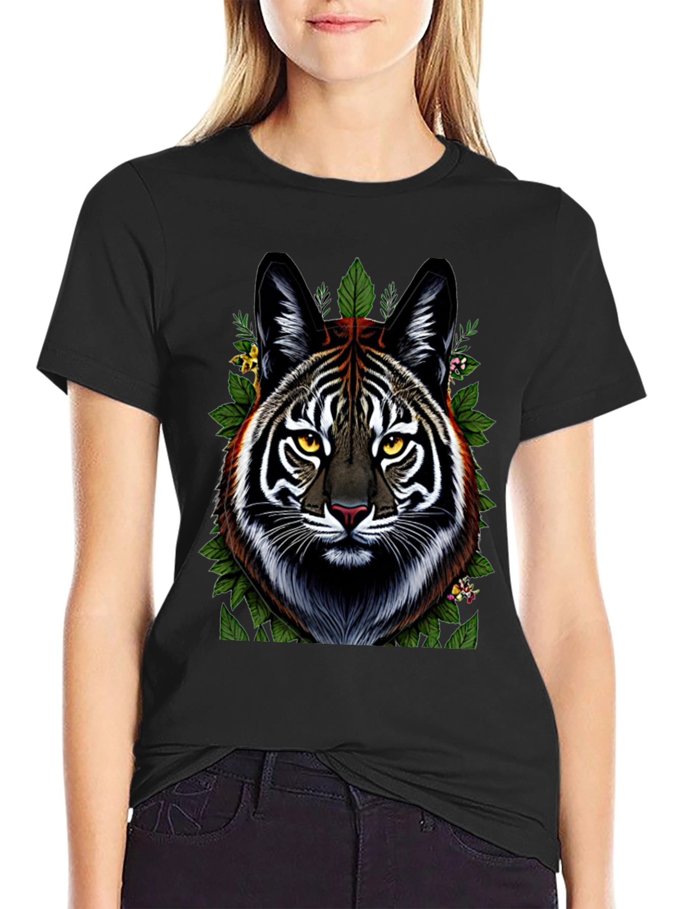 Camiseta Negra con Diseño de Tigre Floral