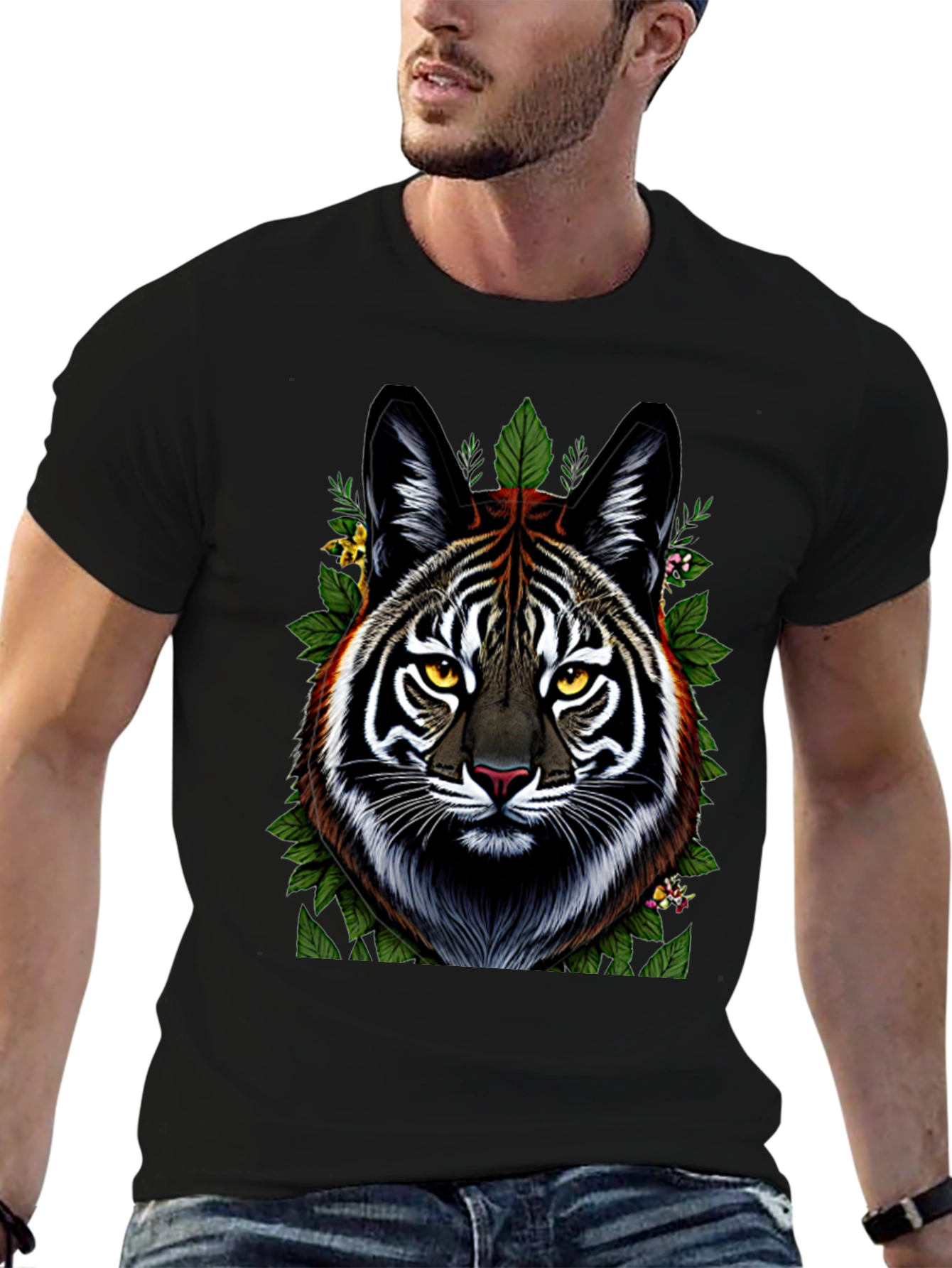 Camiseta Negra con Diseño de Tigre Floral