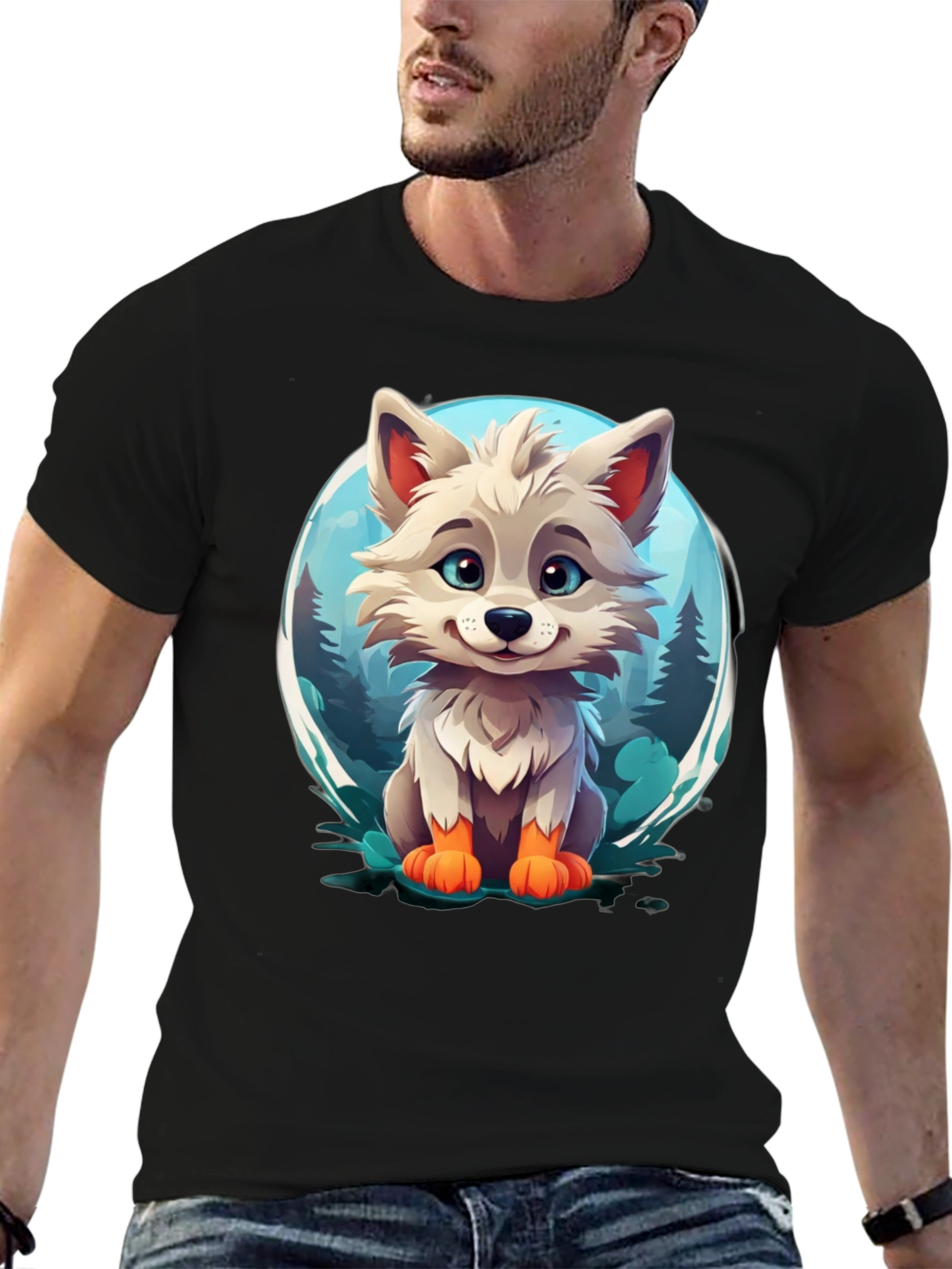 Camiseta Negra con Diseño de Lobo Animado