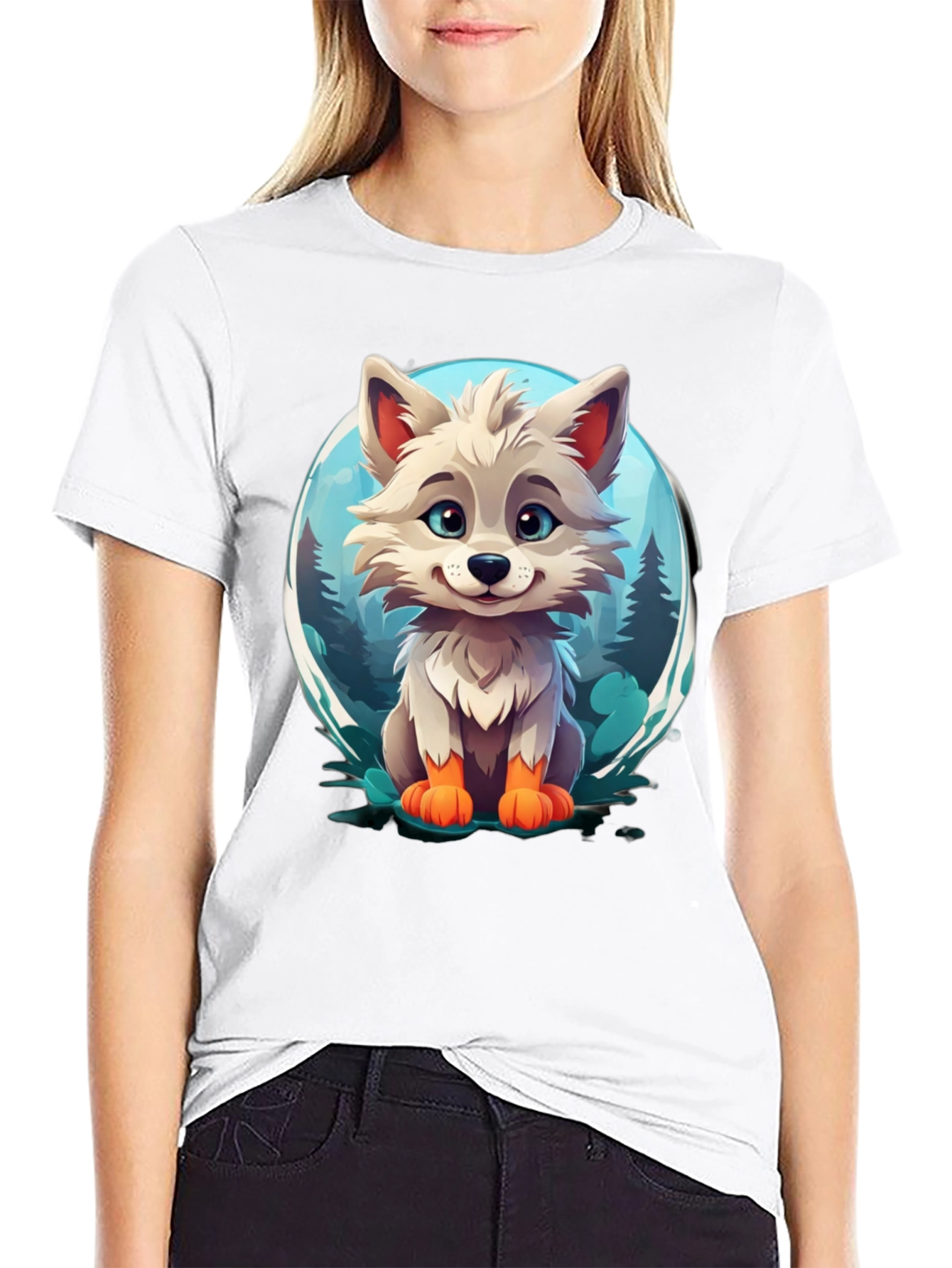 Camiseta Negra con Diseño de Lobo Animado