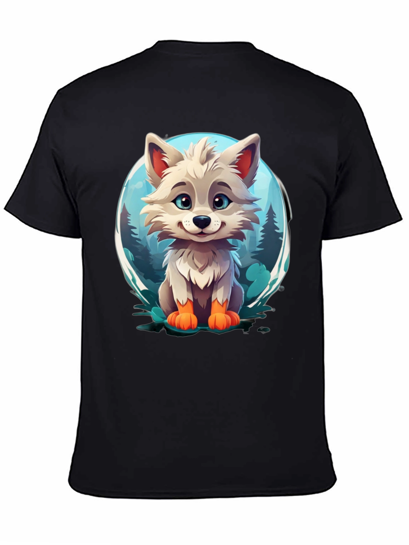 Camiseta Negra con Diseño de Lobo Animado