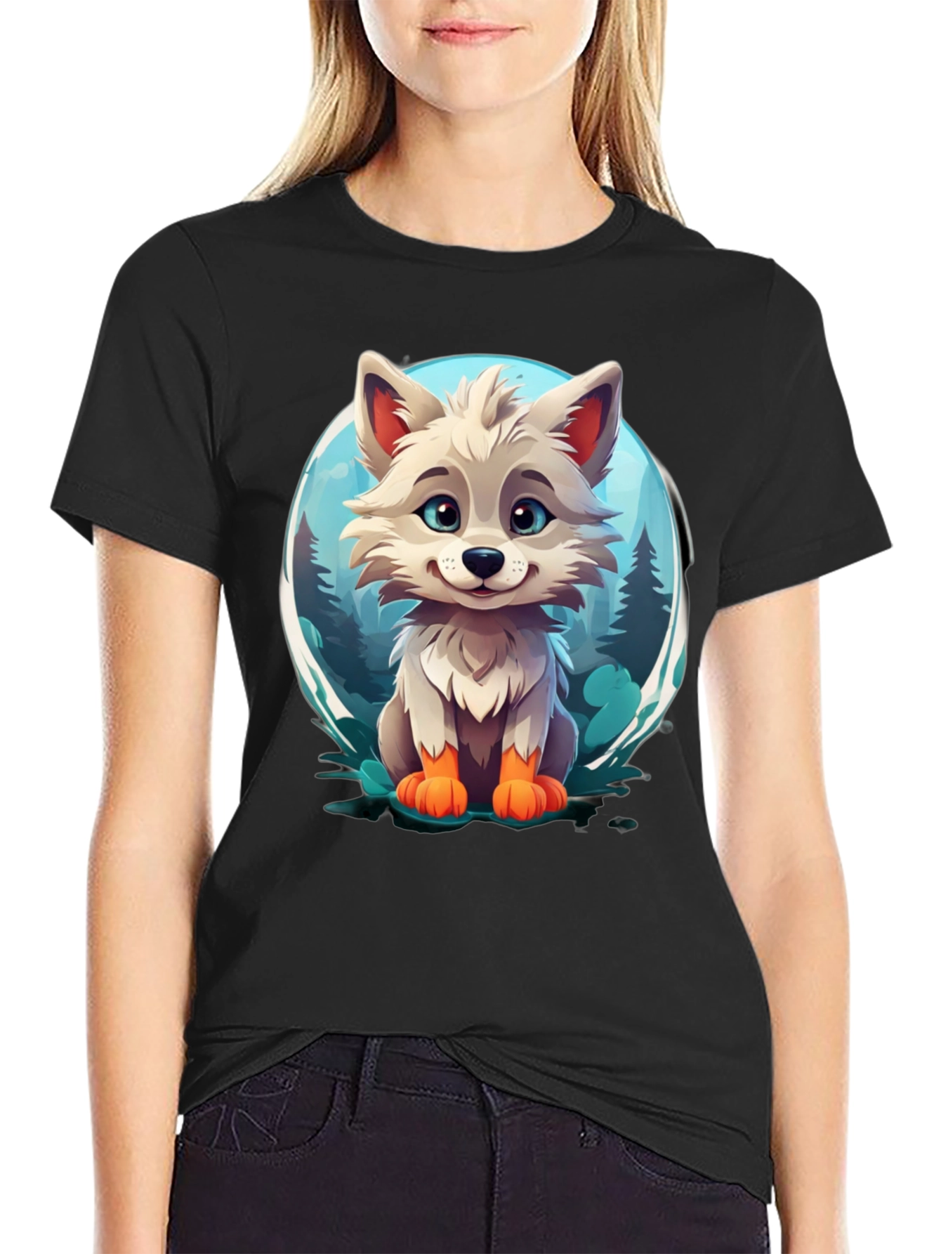 Camiseta Negra con Diseño de Lobo Animado