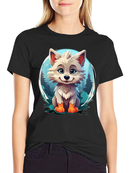 Camiseta Negra con Diseño de Lobo Animado