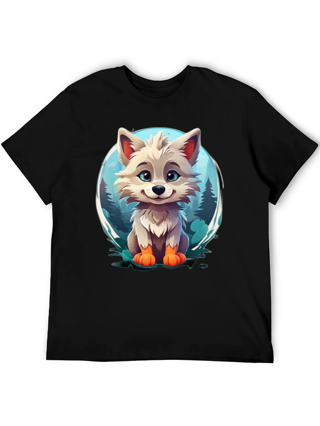 Camiseta Negra con Diseño de Lobo Animado