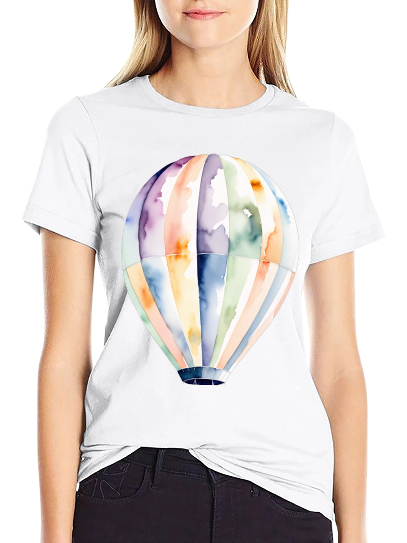 Camiseta Negra Globo Aerostático Acuarela
