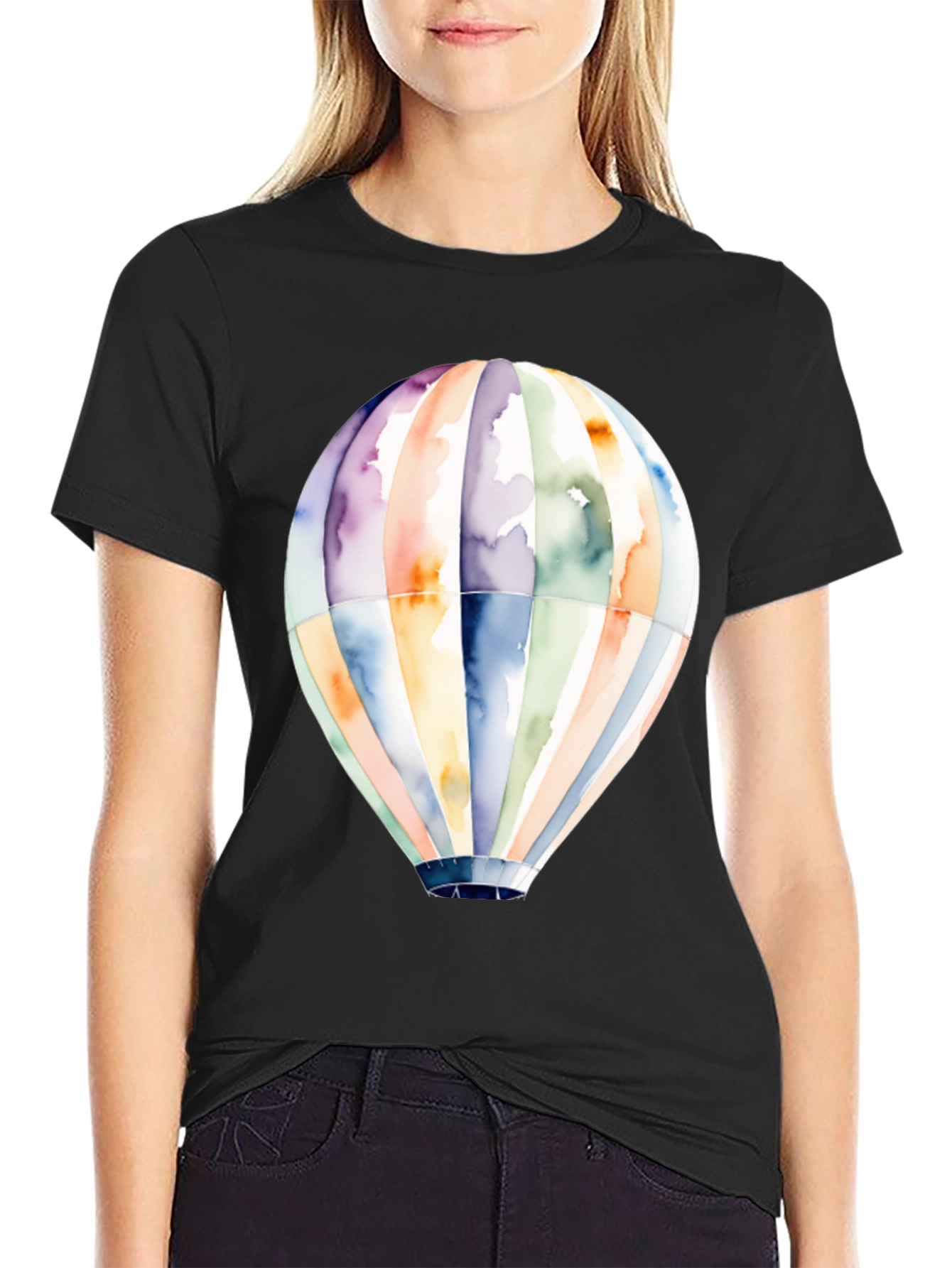 Camiseta Negra Globo Aerostático Acuarela