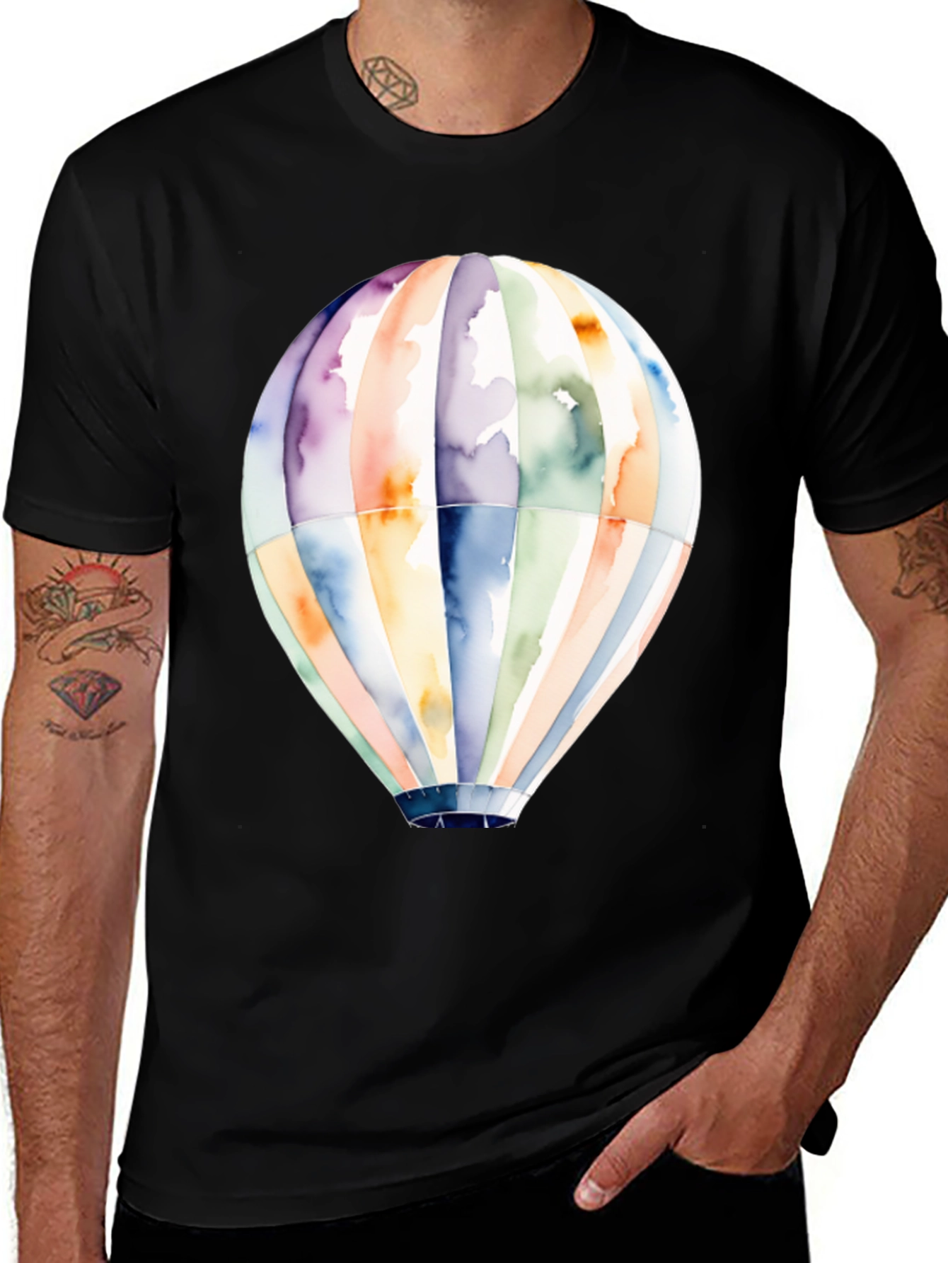 Camiseta Negra Globo Aerostático Acuarela
